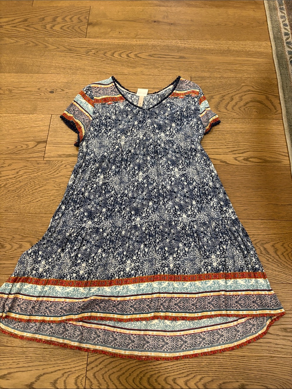 Knox Rose Navy Floral Midi Dress with Multicolor Stripe Trim